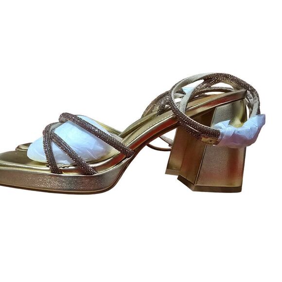 Gold Strappy Rhinestone Platform Sandals - Picture 1 of 5